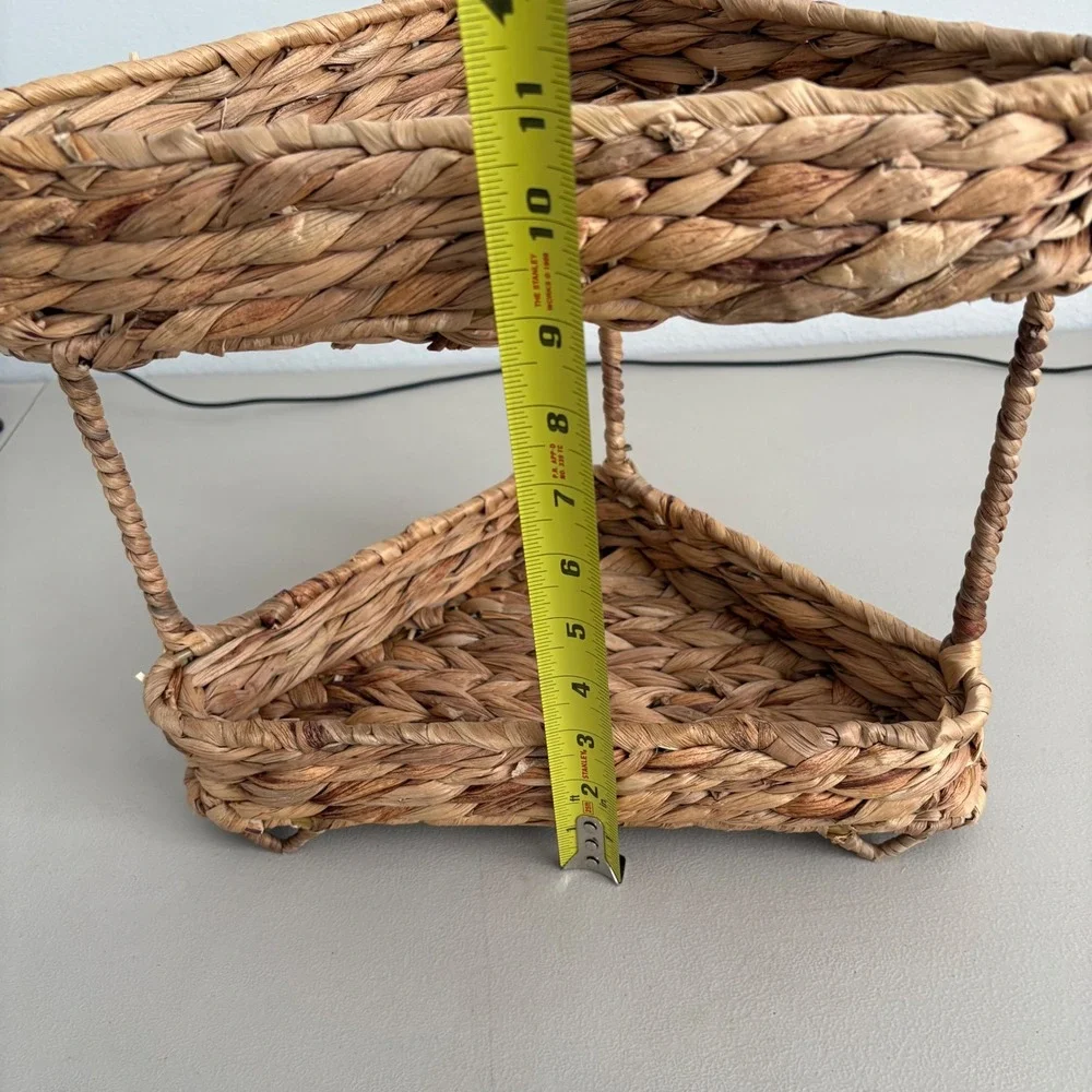 Woven Seagrass 2-Tier Corner Shelf Organizer Natural Fiber Boho Storage Basket